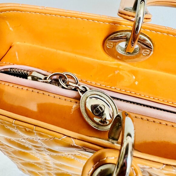 AUTHENTIC CHRISTIAN DIOR PATENT LEATHER QUILTED YELLOW LADY DIOR SATCHEL ITALY - Picture 10 of 16